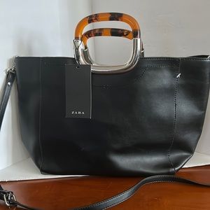 New Zara Trafaluc Black Faux Leather City Hand Bag Handles and strap 11x6x10 in